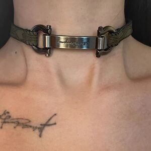 Salvatore Ferragamo Olive Green Fabric Choker with Gunmetal Gancio